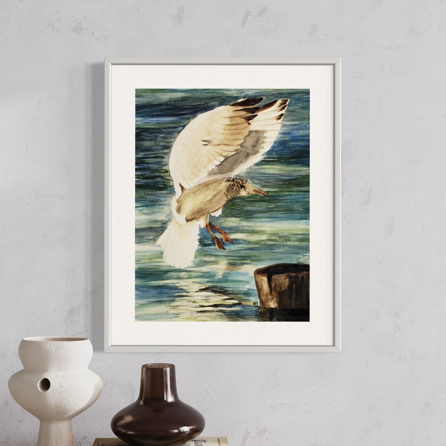 Print of Sea Gull Landing Watercolor Painting