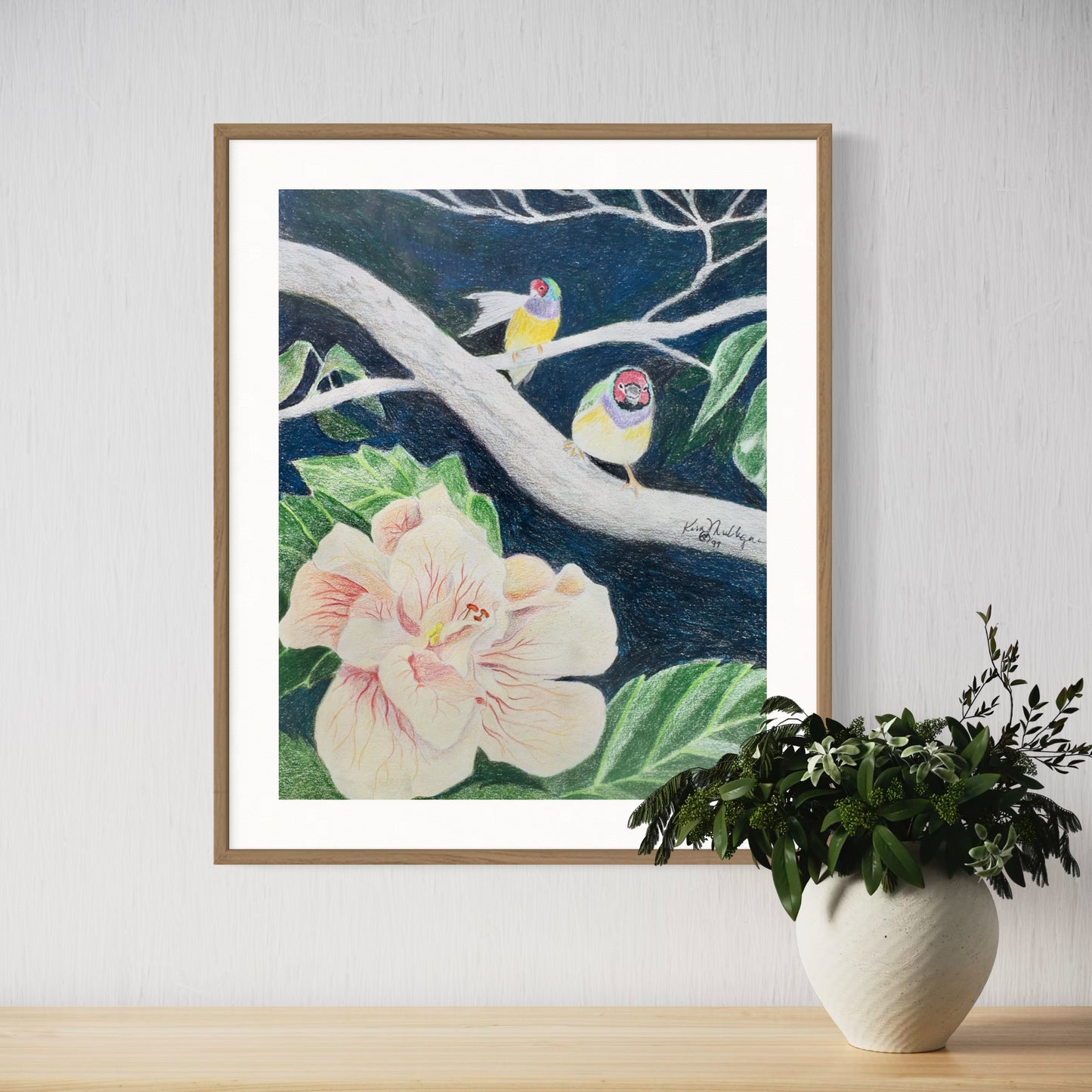 Gouldian Finches and Hibiscus Original Colored Pencil Drawing