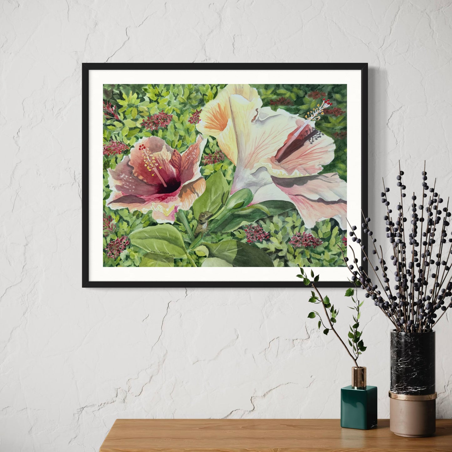 Print of Hibiscus Flower with Lizard