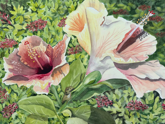 Print of Hibiscus Flower with Lizard