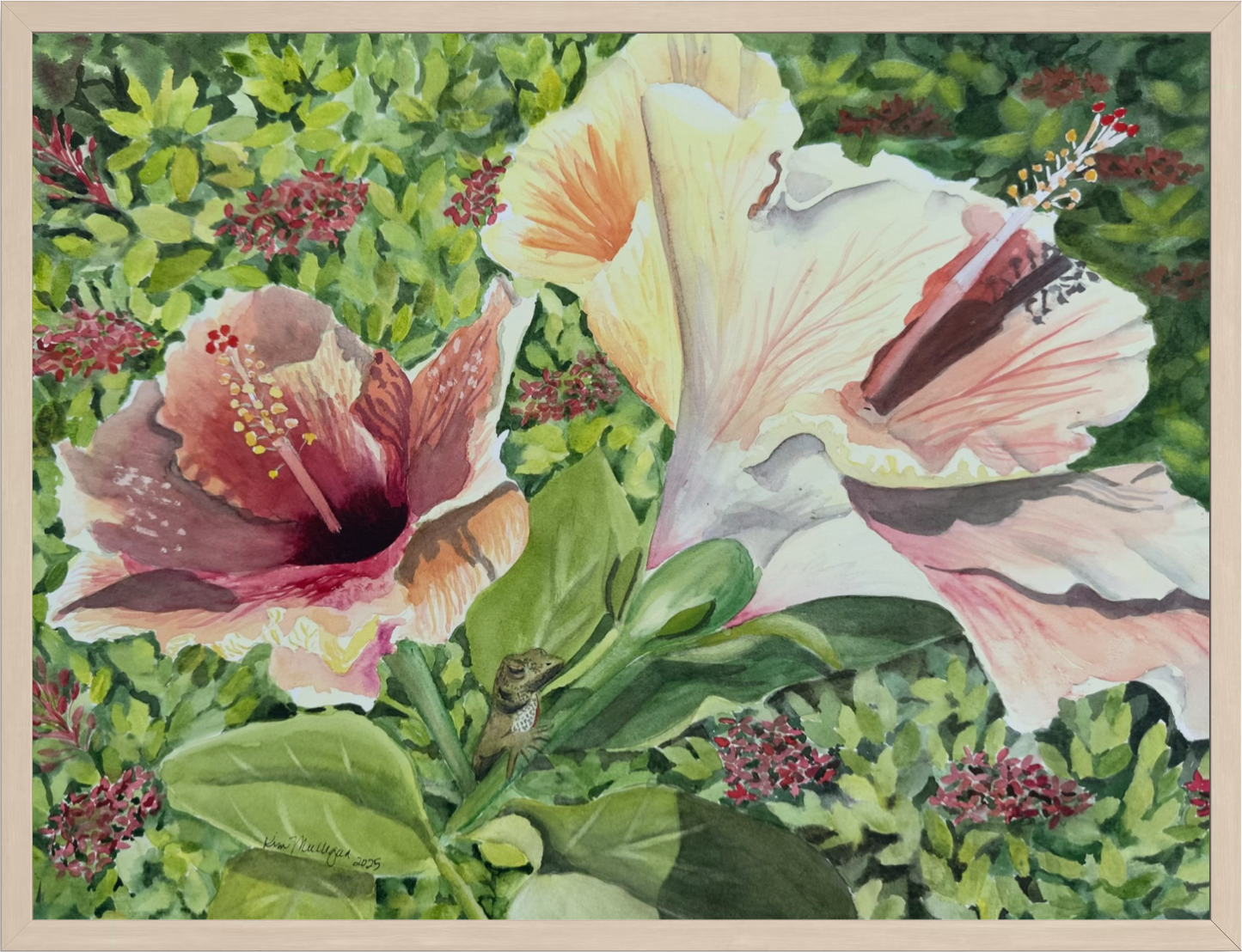 Print of Hibiscus Flower with Lizard