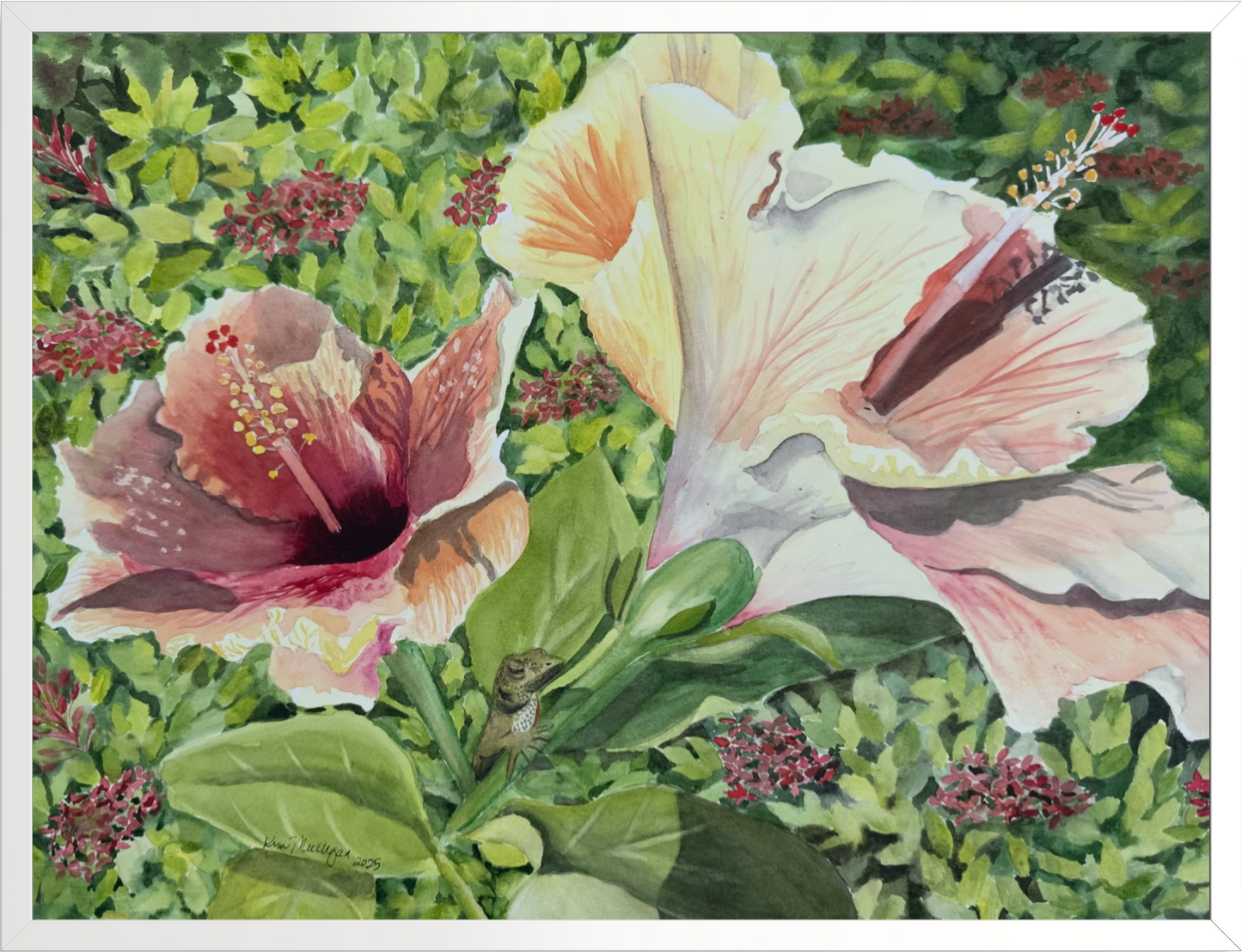 Print of Hibiscus Flower with Lizard