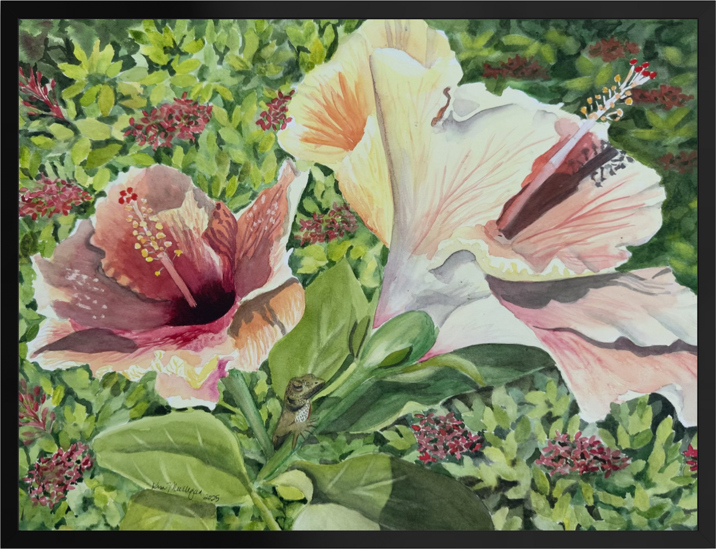Print of Hibiscus Flower with Lizard