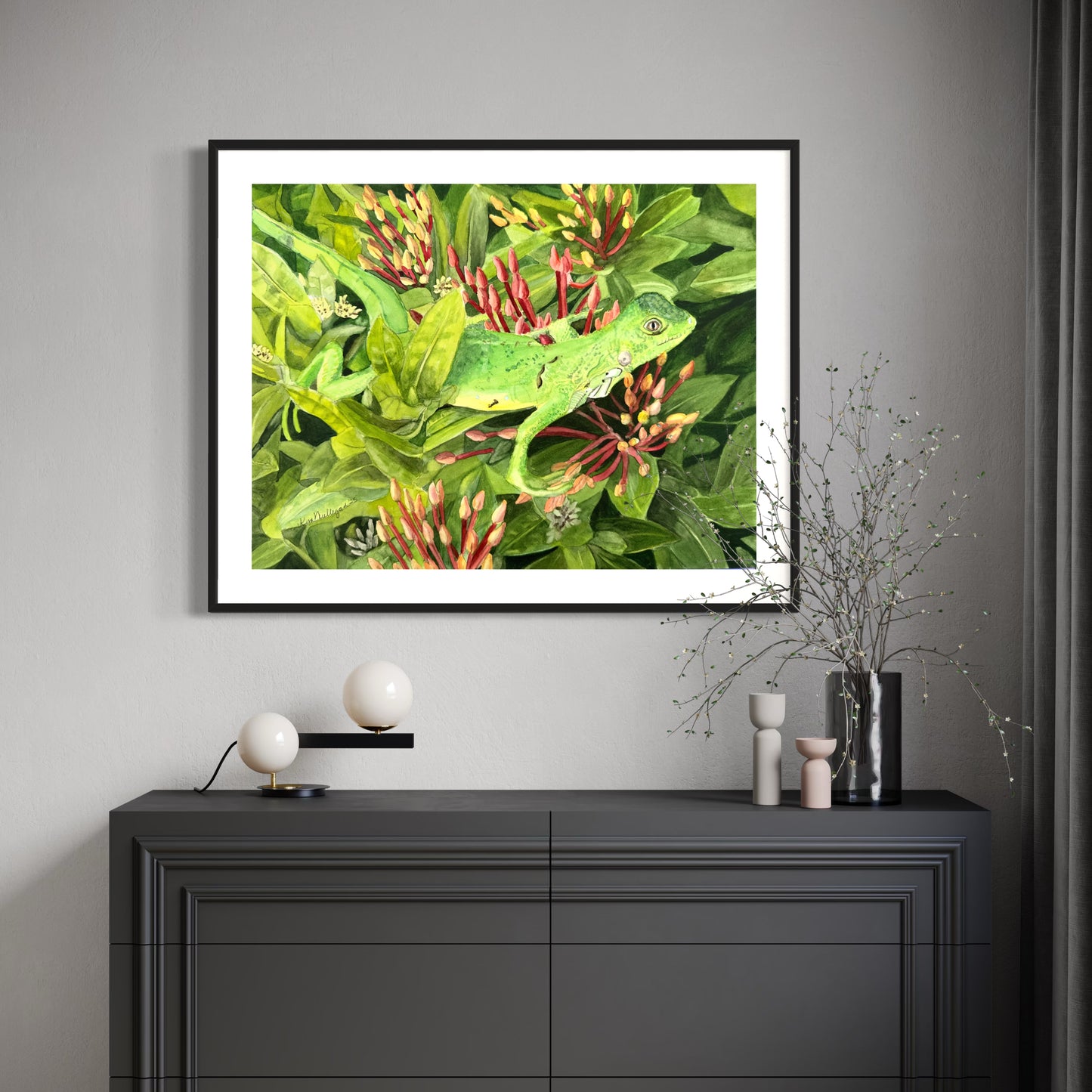 Watercolor painting of an iguana on a blooming ixora bush.