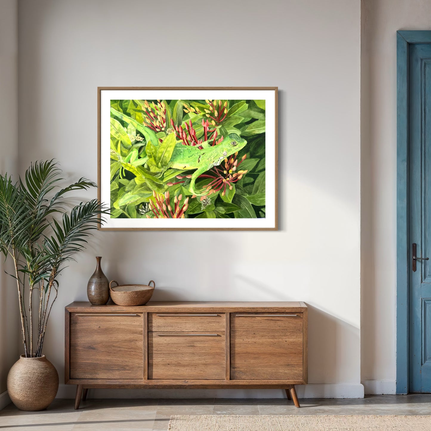 Print of Iguana in Ixora Bush Watercolor Painting