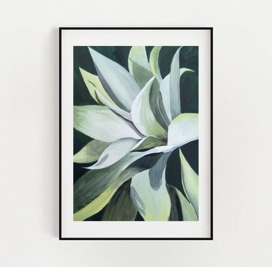 Framed watercolor artwork of an agave plant with green and white leaves on a light gray background