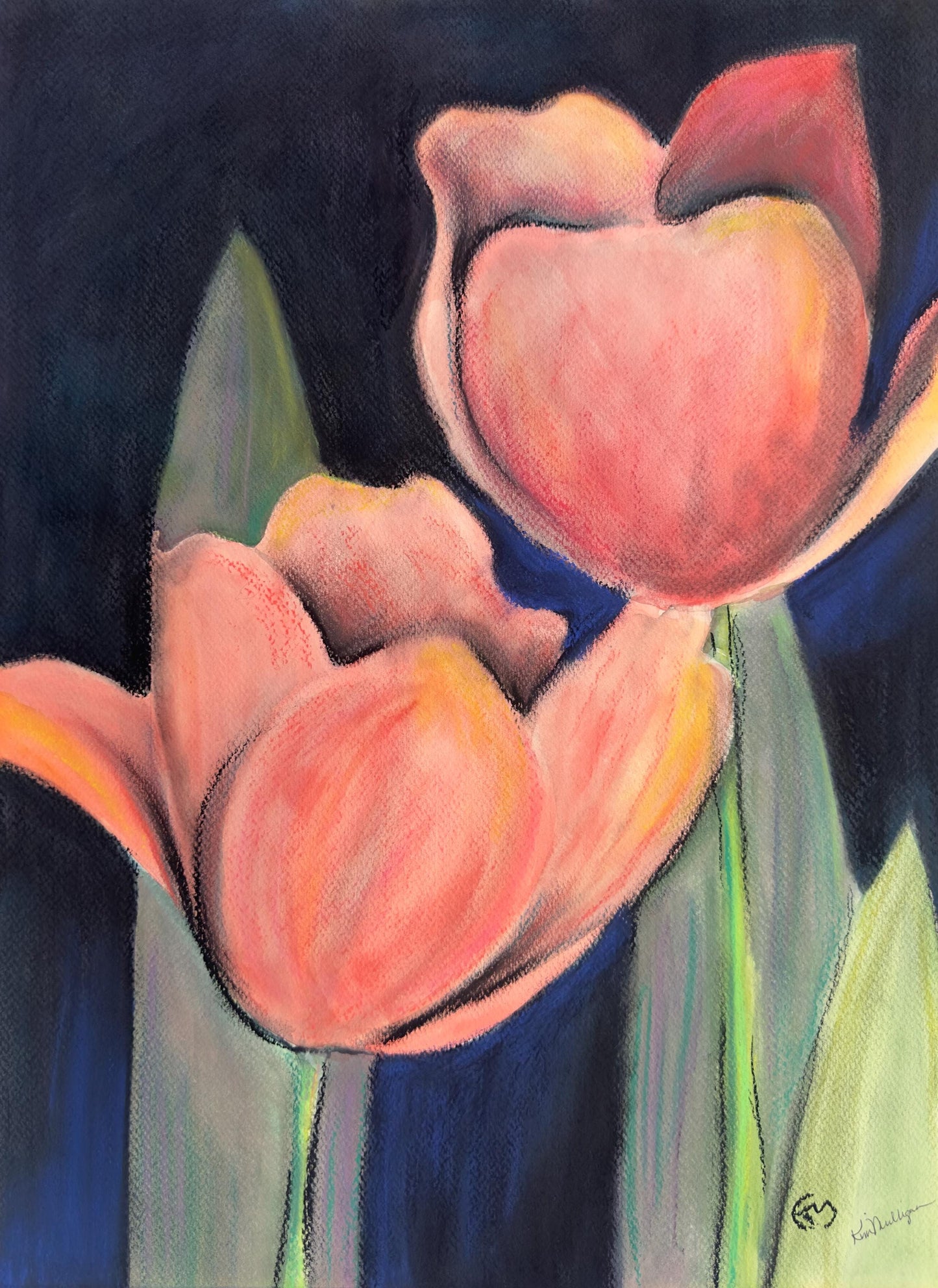 Mixed media painting of pink tulips iagainst a dark background