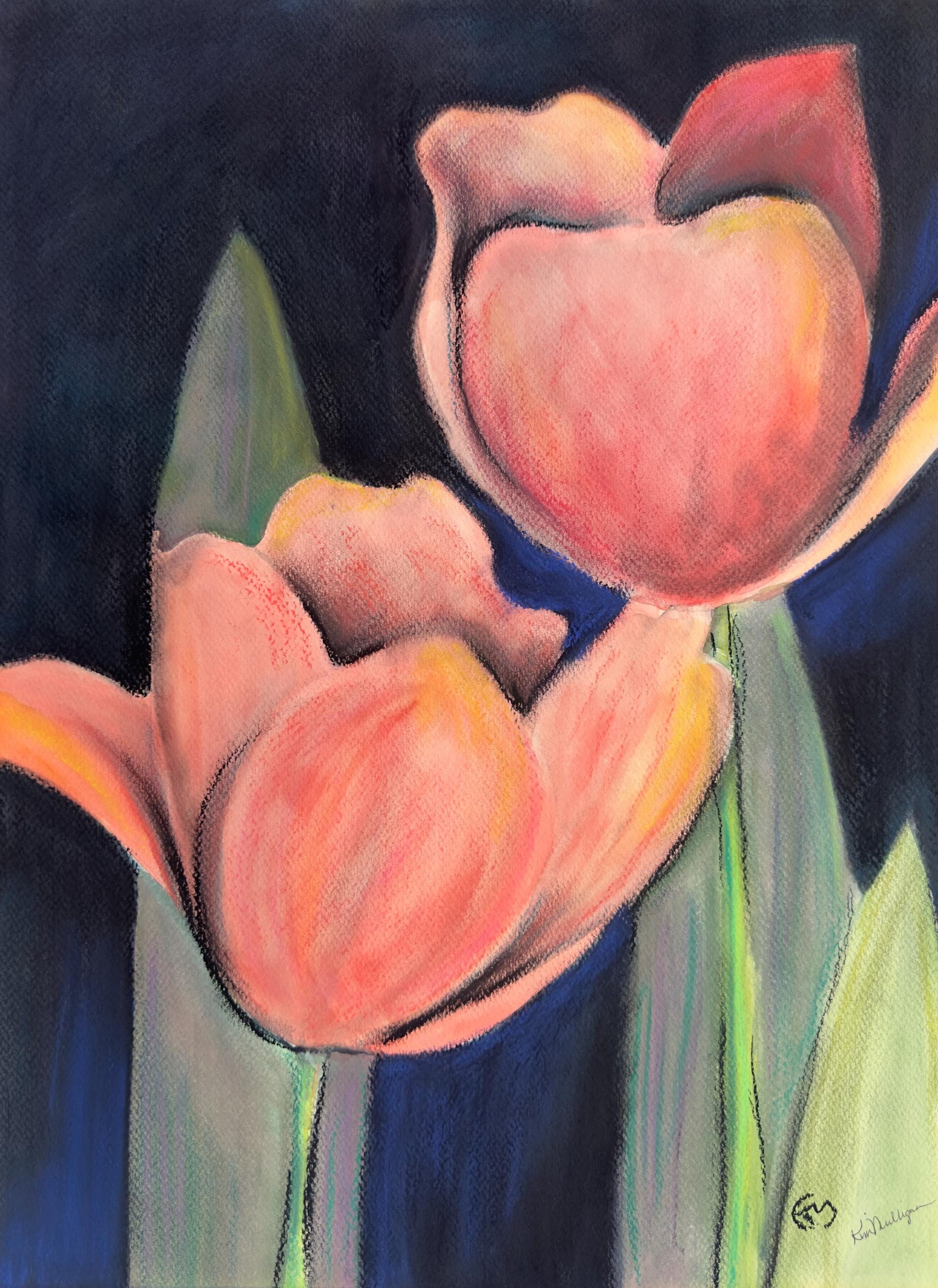 Mixed media painting of pink tulips iagainst a dark background