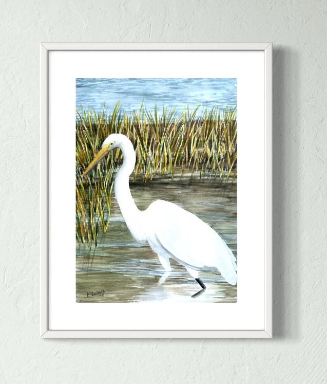 Print of White Egret in Marsh Watercolor Painting