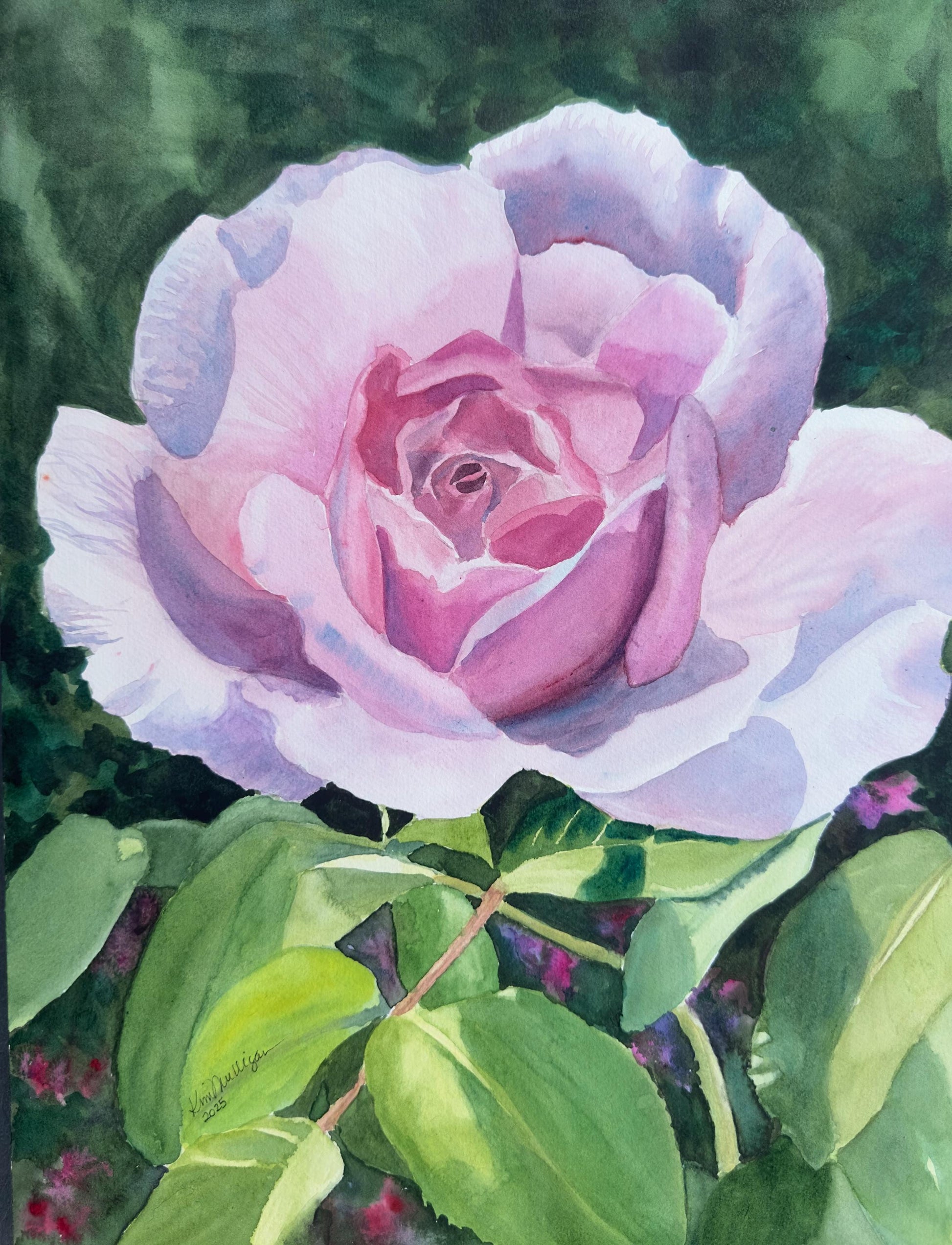 Watercolor painting of a pink rose with green leaves on a dark background