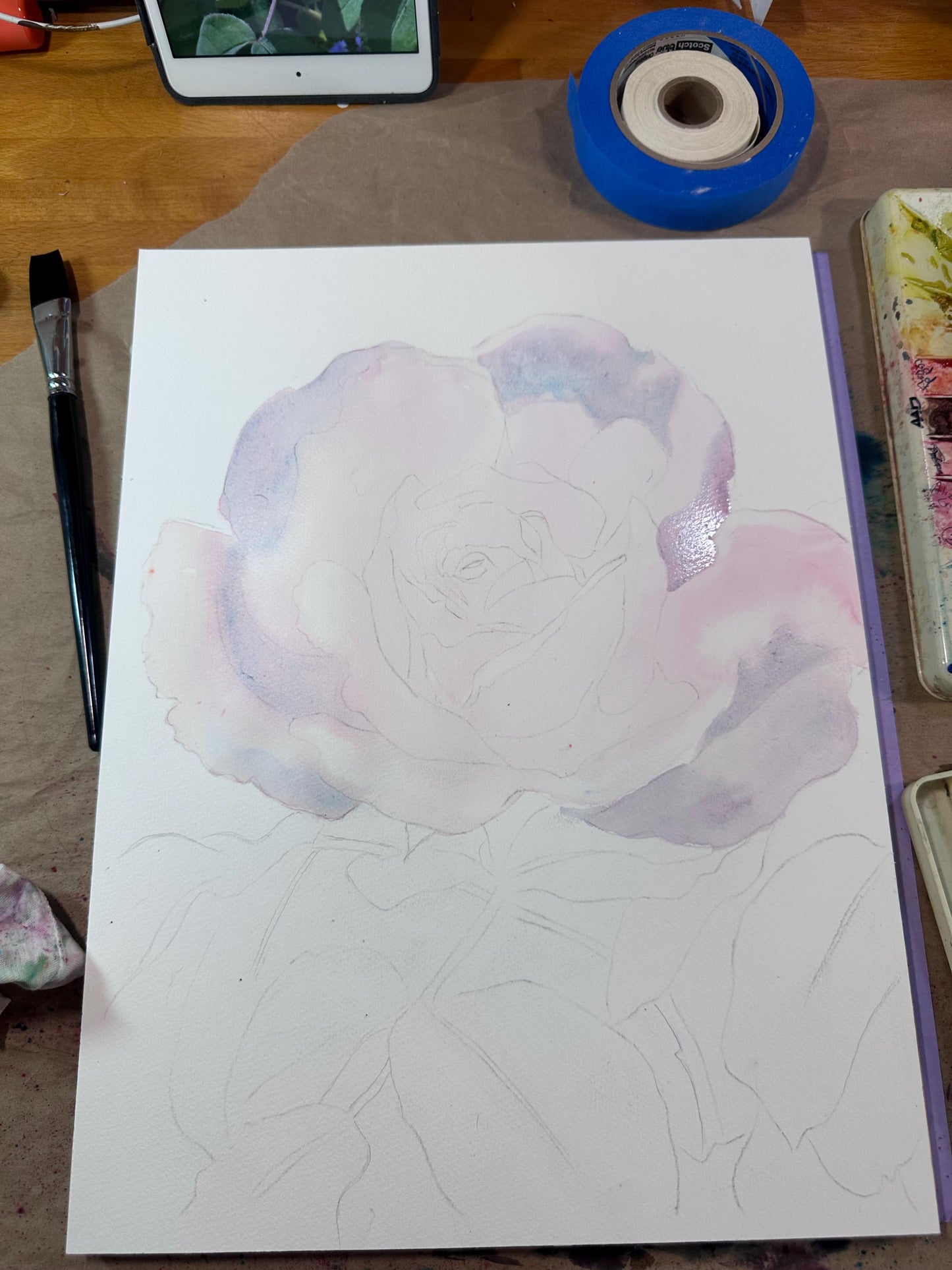 Pink Rose Original Watercolor Painting - 12x16"