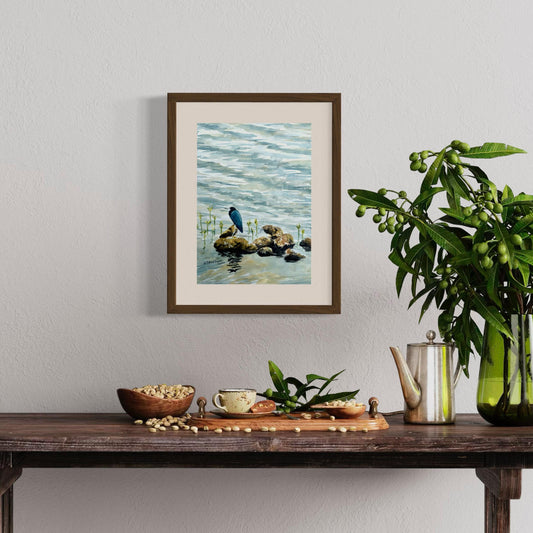 Little Blue Heron on Rocks Original Watercolor Painting