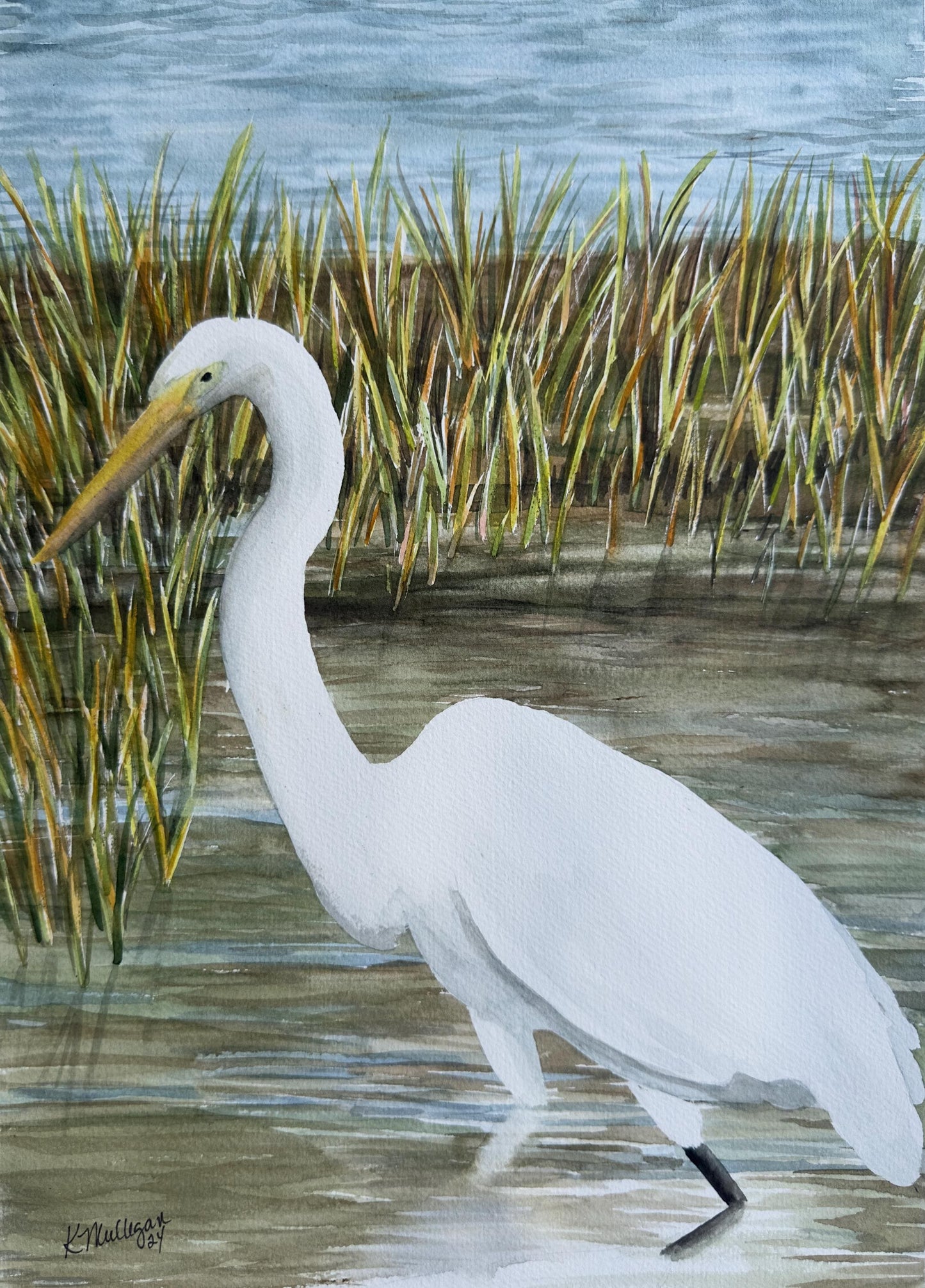 Print of White Egret in Marsh Watercolor Painting