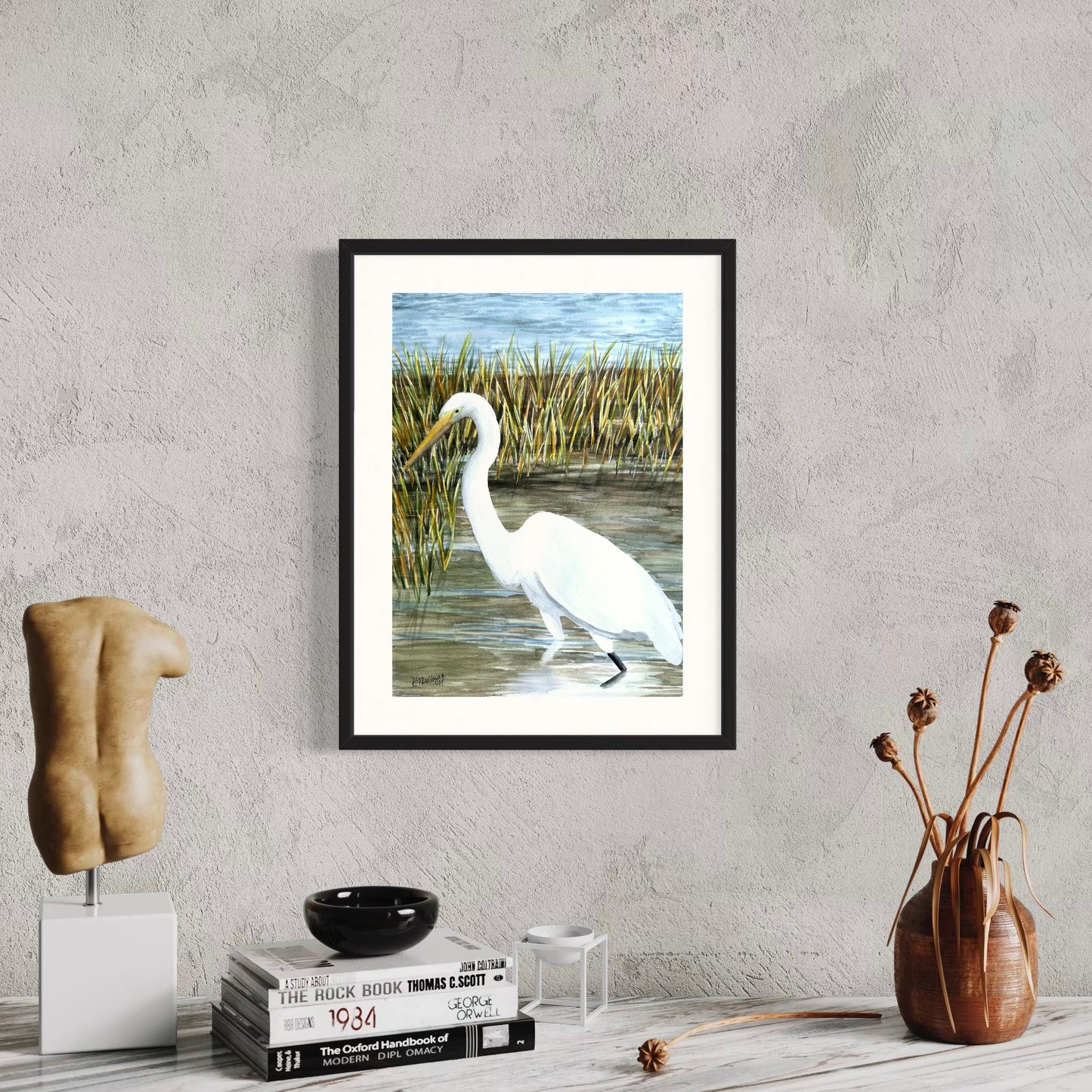 Print of White Egret in Marsh Watercolor Painting