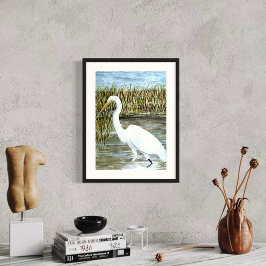 Print of White Egret in Marsh