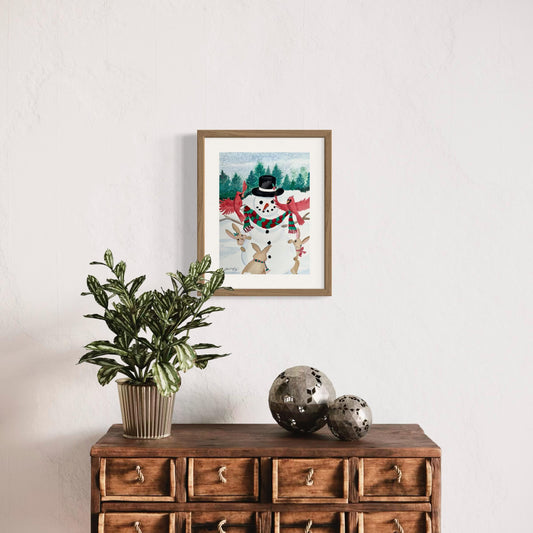 Print of Snowman with Bunnies and Cardinals