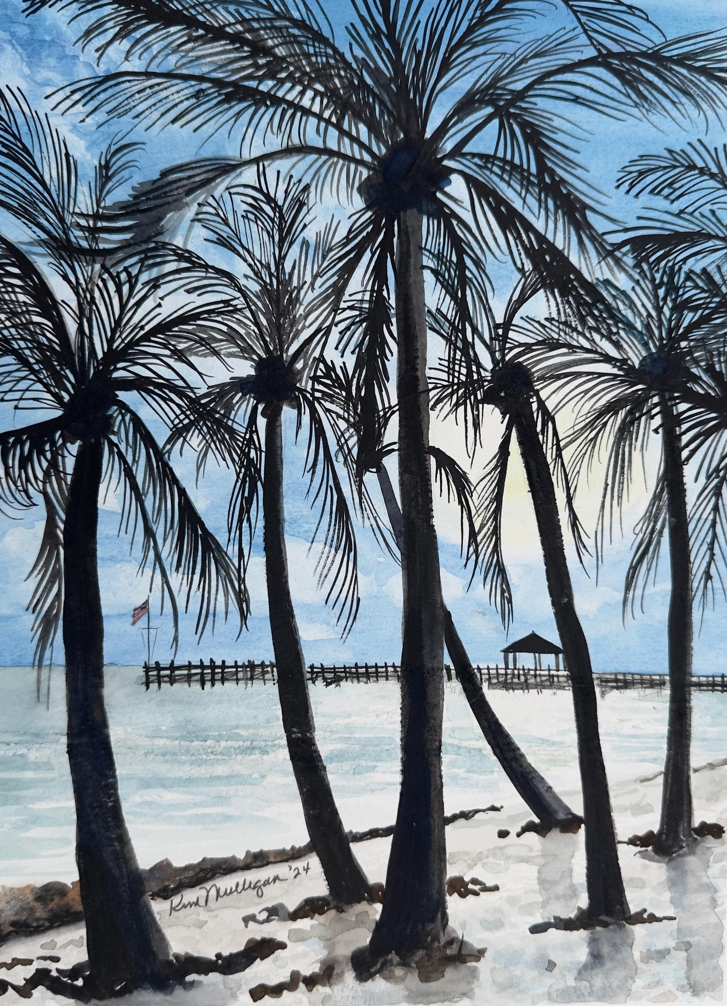 Watercolor sea scape painting of palm trees on a beach with a pier in the background