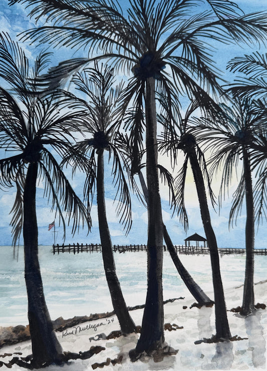 Watercolor sea scape painting of palm trees on a beach with a pier in the background
