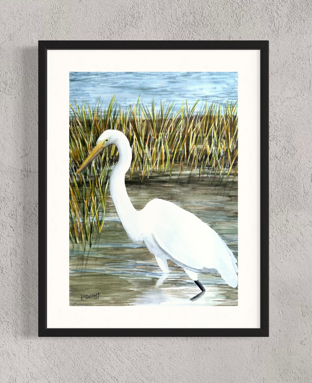 Print of White Egret in Marsh Watercolor Painting