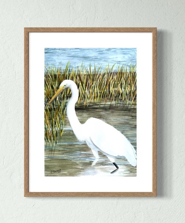 Print of White Egret in Marsh Watercolor Painting