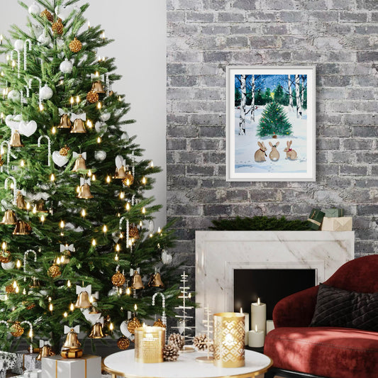 Print of Christmas Tree with Bunnies and Cardinals