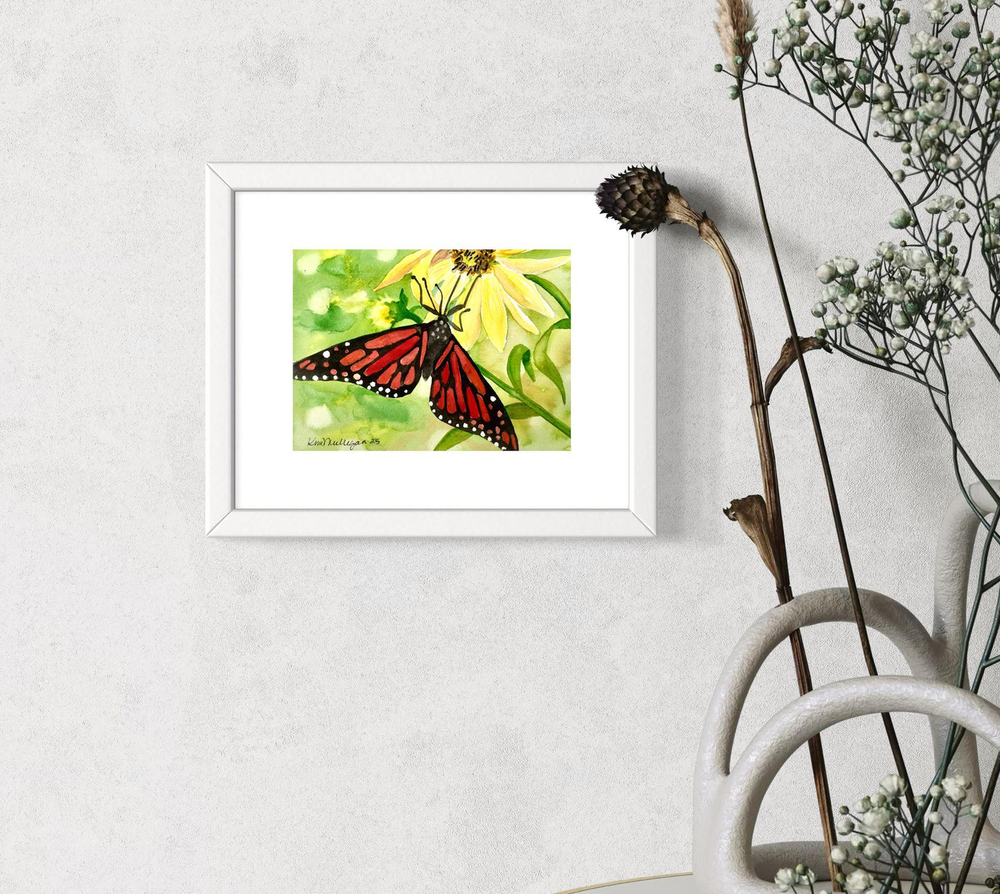 Print of Monarch Butterfly with Yellow Flowers Watercolor Painting