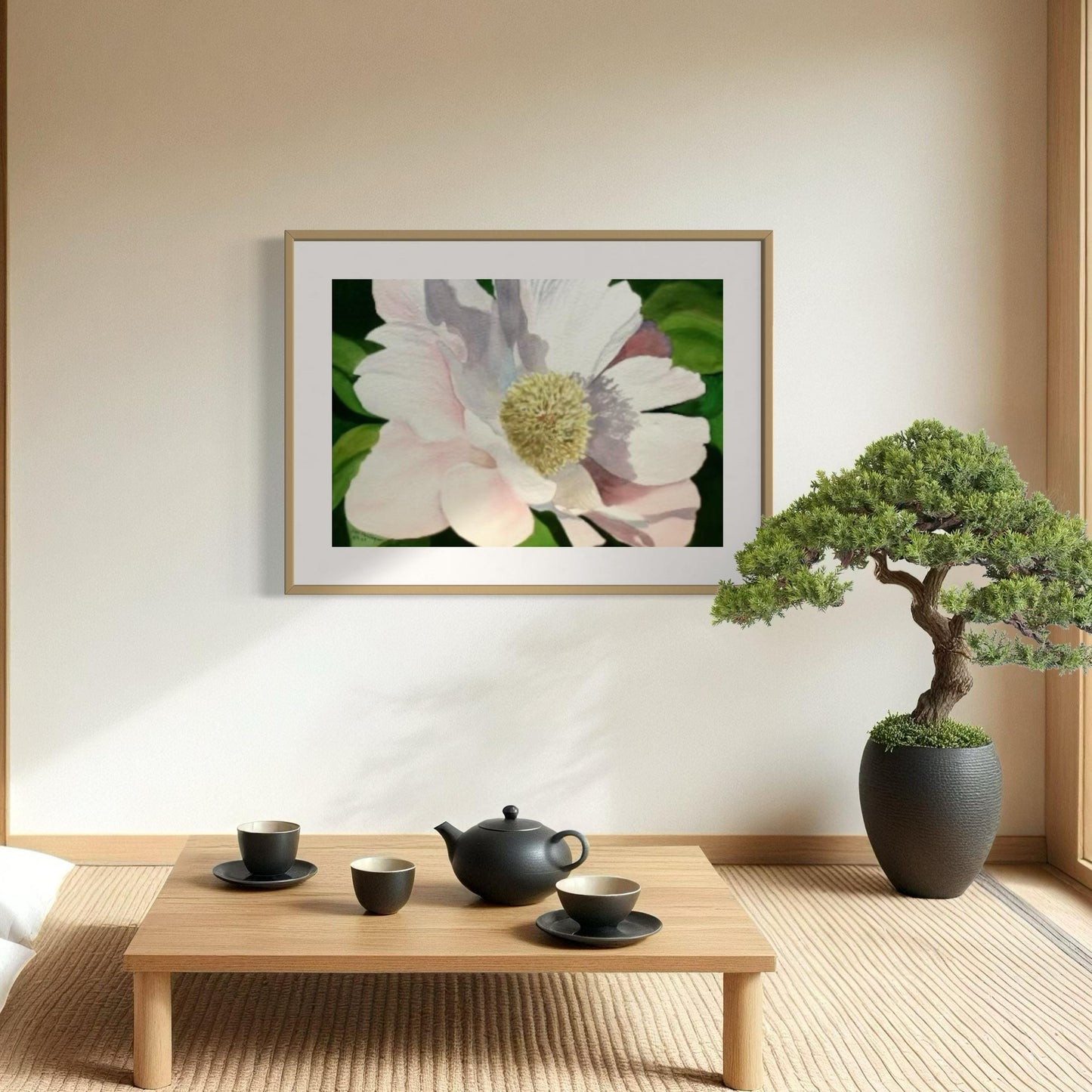 Watercolor painting of a pink peony blossom with dark green background.