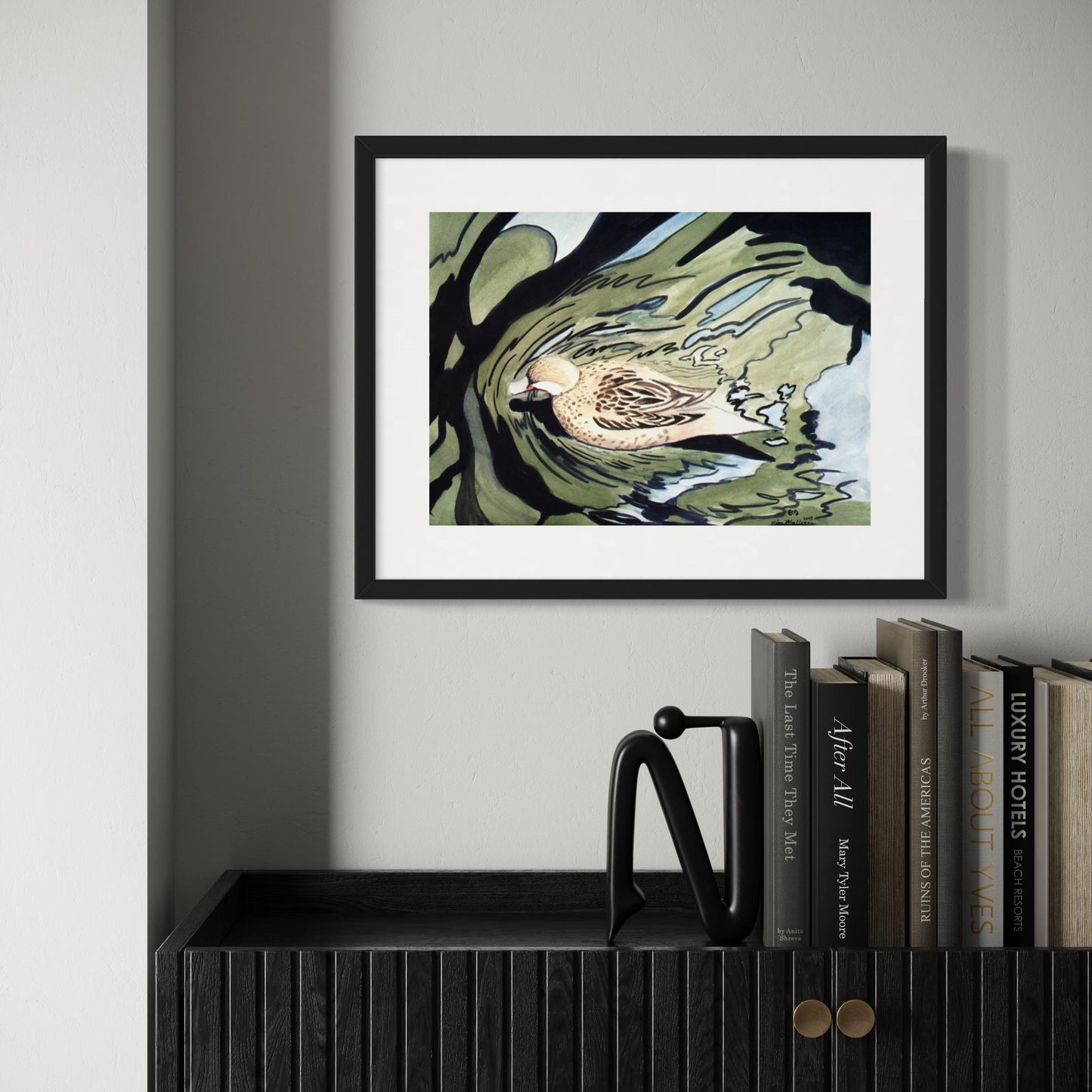 Framed watercolor painting of a pintail duck on expressive depiction of reflective water.