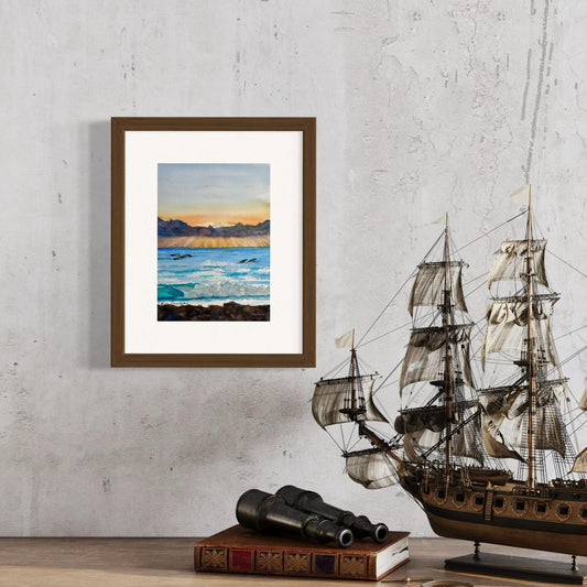 Sunrise Seascape with Gull and Dolphins Original Watercolor Painting