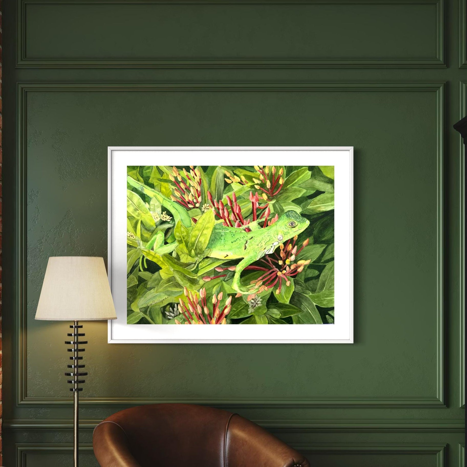 Framed watercolor painting of Painting of a green iguana lizard on red ixora flowers with green leaves