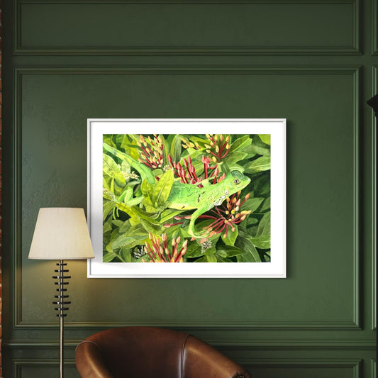 Framed watercolor painting of Painting of a green iguana lizard on red ixora flowers with green leaves