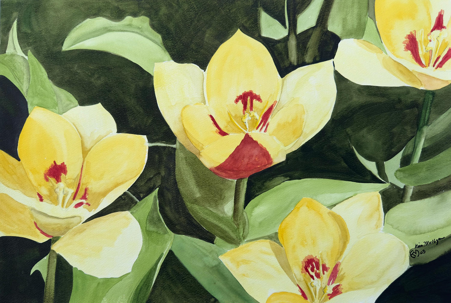 Artistic depiction of yellow flowers with red centers on a green leafy background