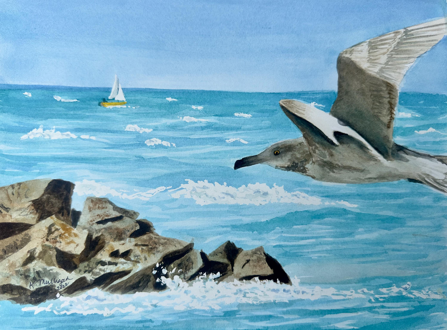 Watercolor painting of a seagull flying over rocky coastline with ocean and sailboat in the background