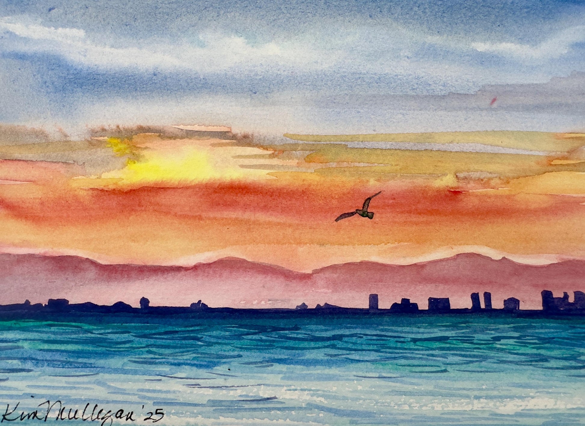 Watercolor painting of a sunset over the ocean with a city skyline with a bird flying.