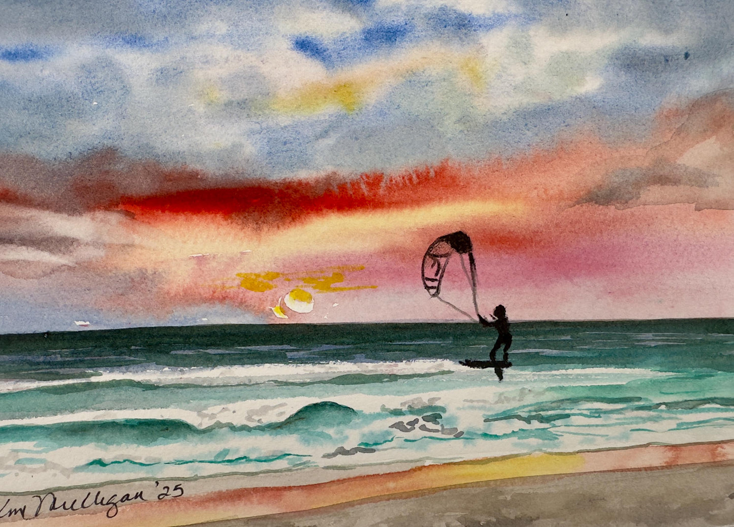 Print of Sunrise over the Ocean with a Kite Surfer