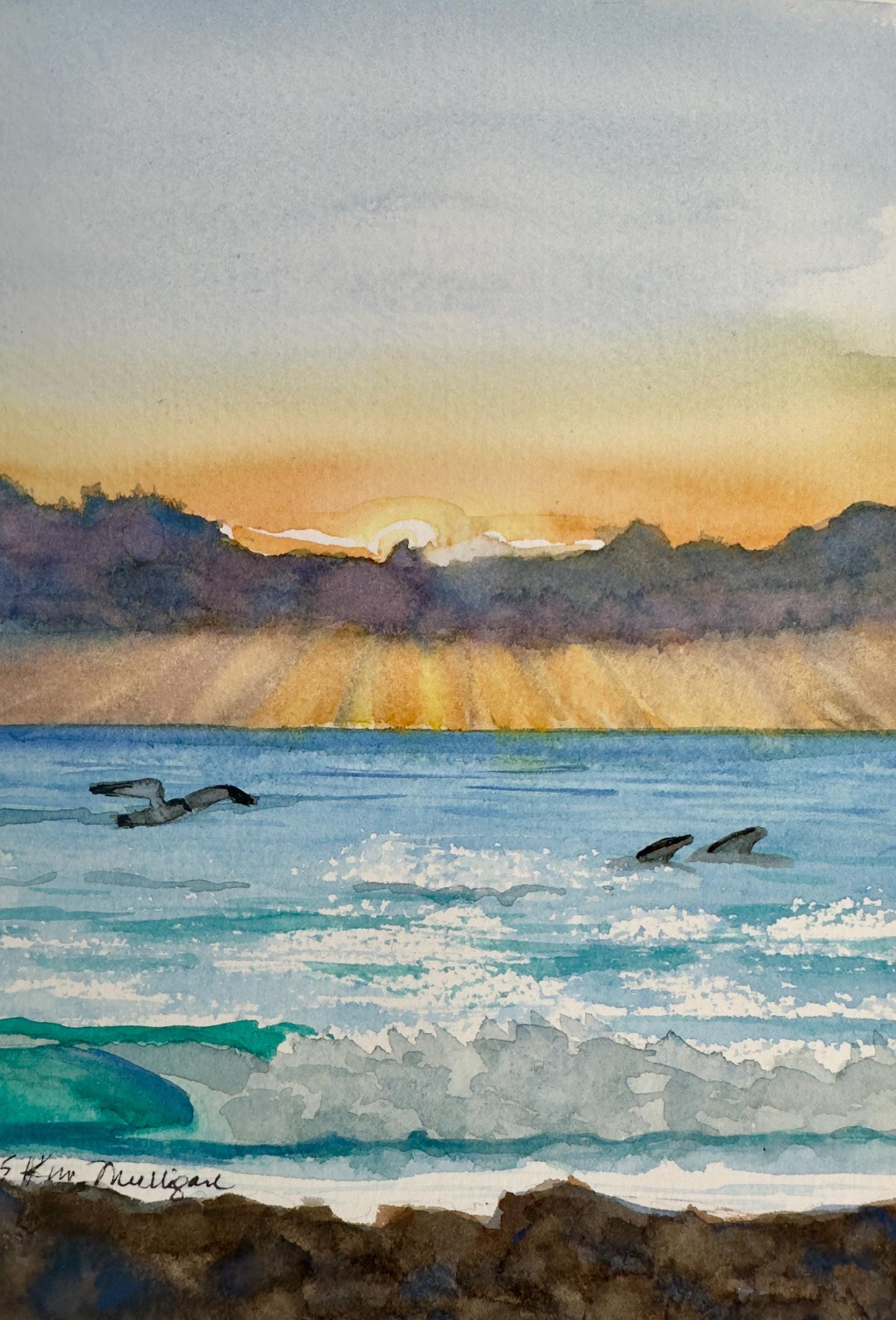 Sunrise Seascape with Gull and Dolphins Original Watercolor Painting