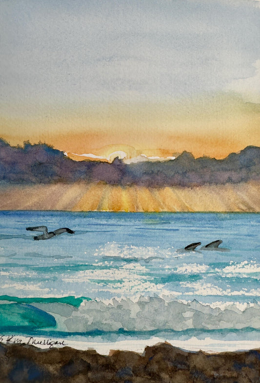 Sunrise Seascape with Gull and Dolphins Original Watercolor Painting