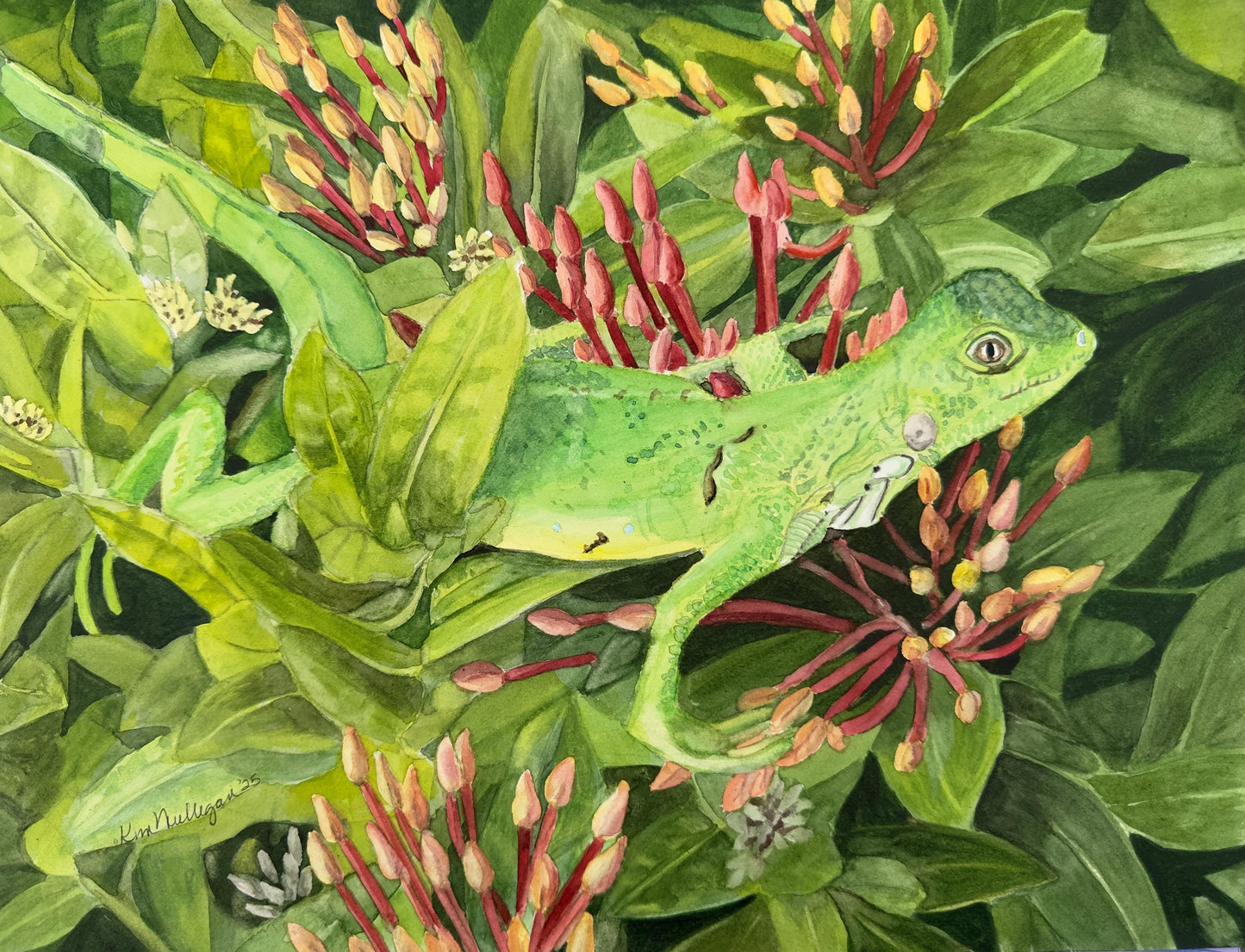 Painting of a green iguana lizard on red flowers with green leaves