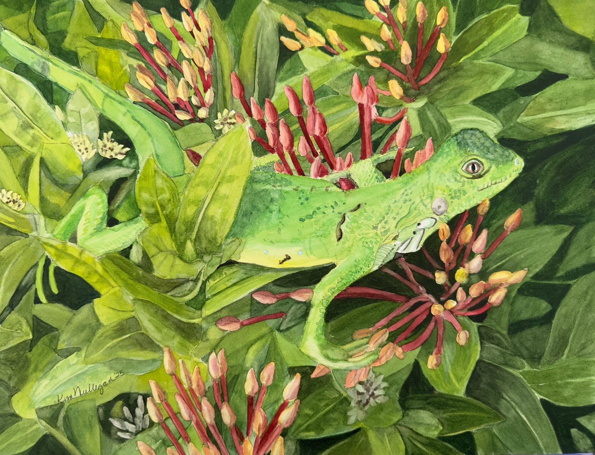 Painting of a green iguana lizard on red flowers with green leaves