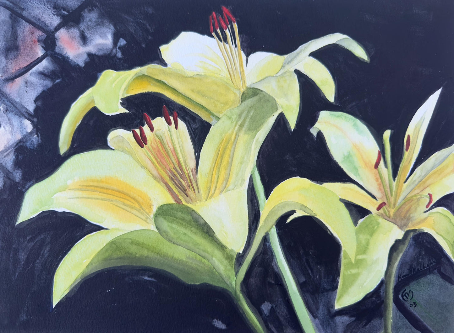 Watercolor painting of yellow lilies with red stamens on a dark background