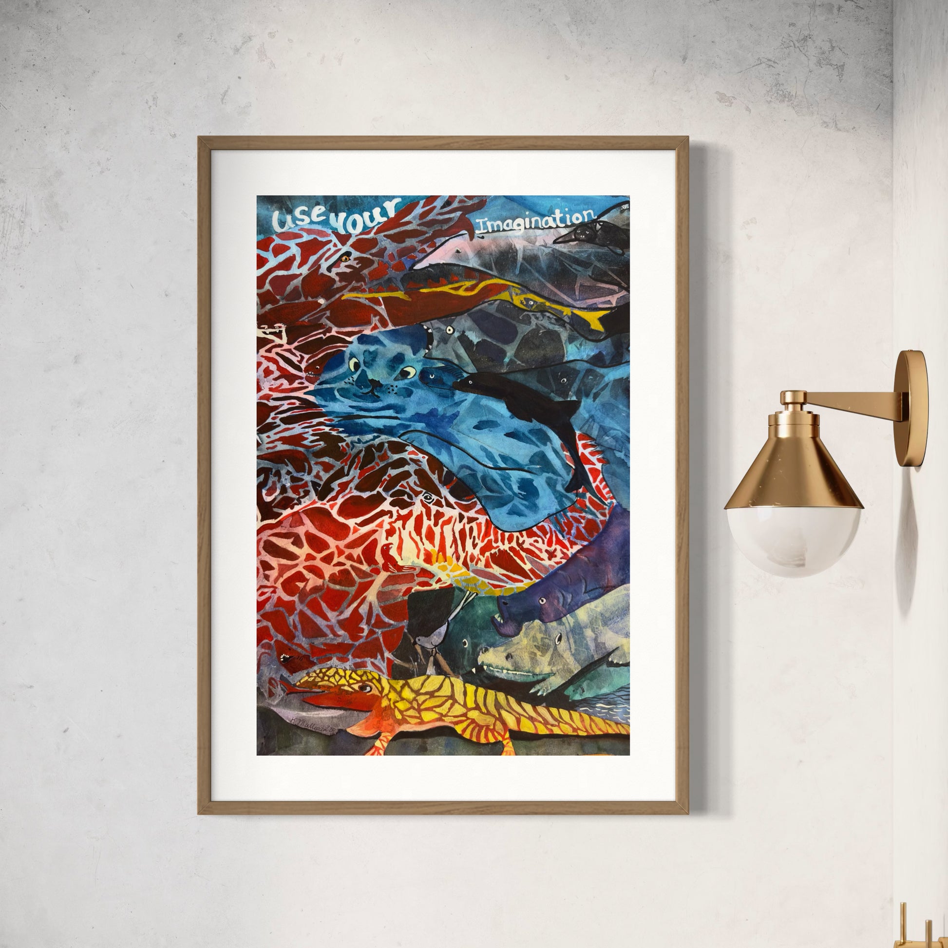 Framed abstract watercolor painting of colorful imaginary creatures, use your imagination.