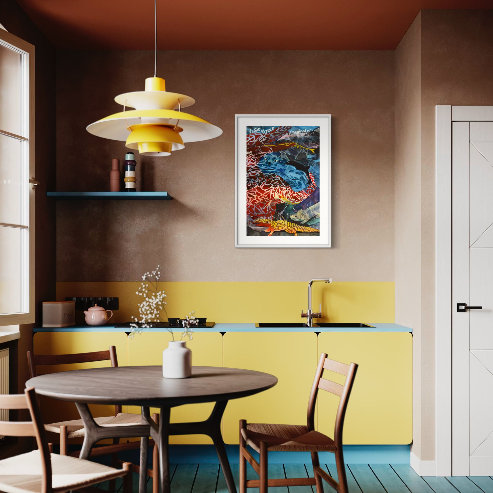 Framed abstract watercolor painting of colorful imaginary creatures.