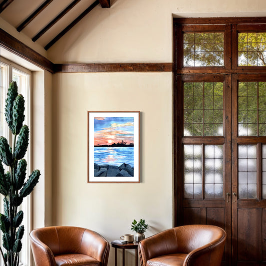 Print of Sunset Seascape with Lighthouse