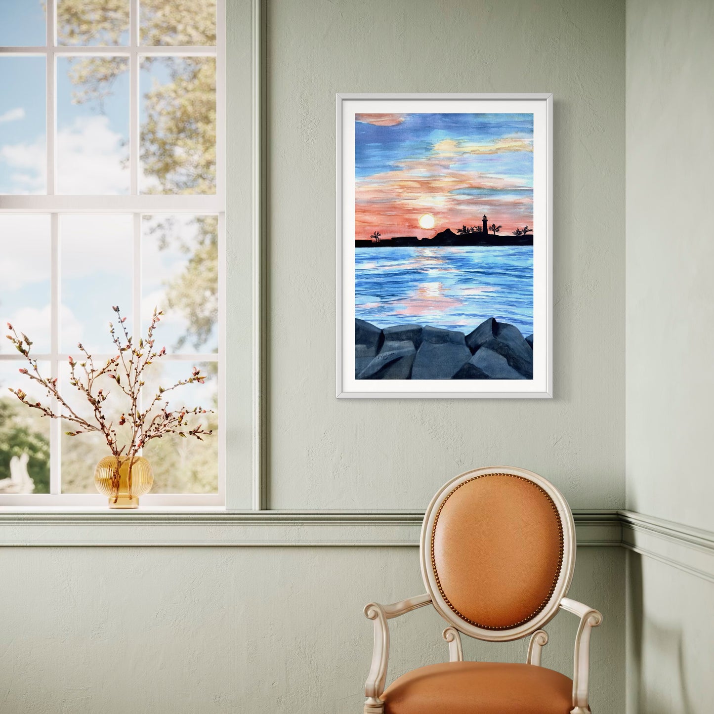 Sunset Landscape Painting, Jupiter Inlet Original Watercolor