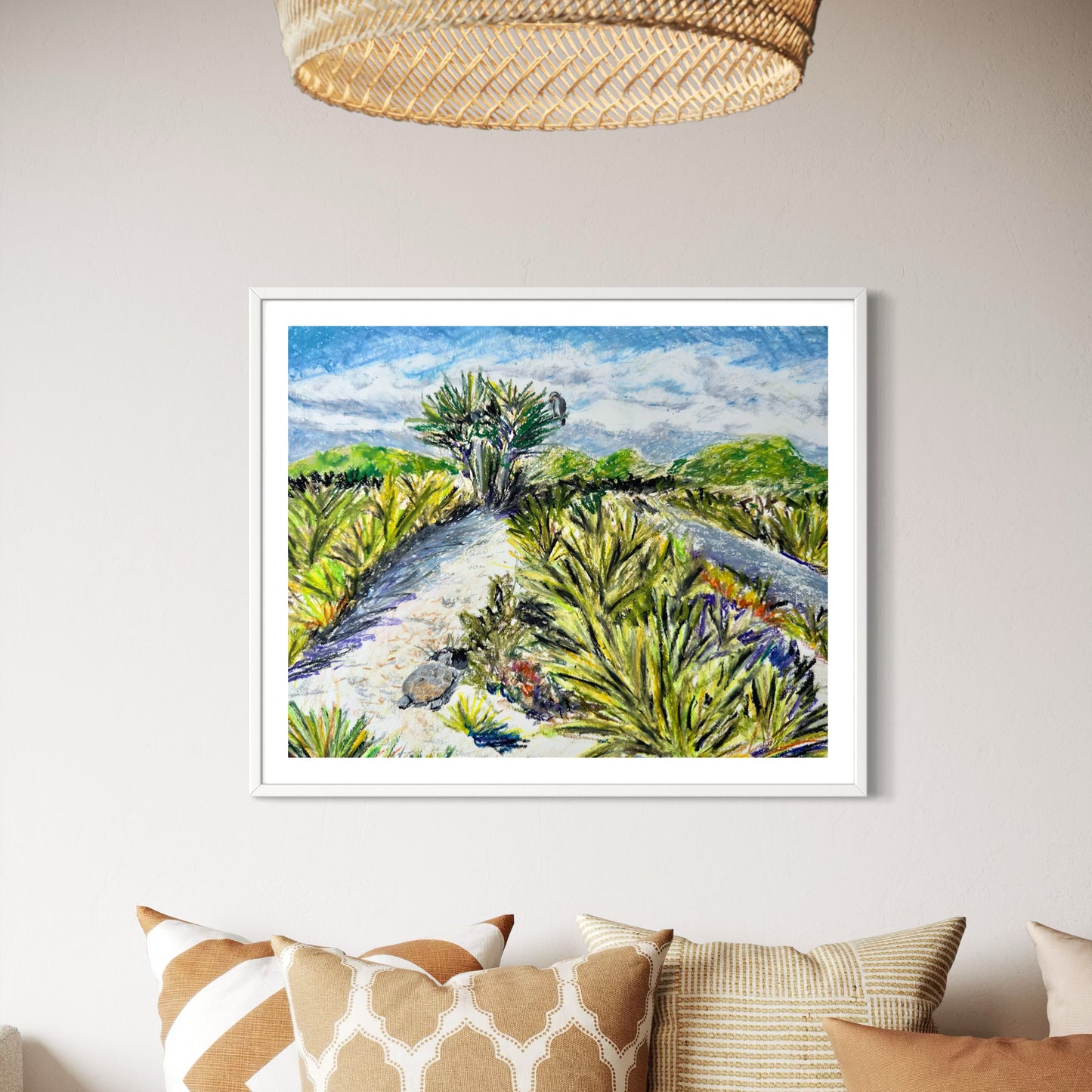Framed landscape oil pastel painting with turtle an hak.