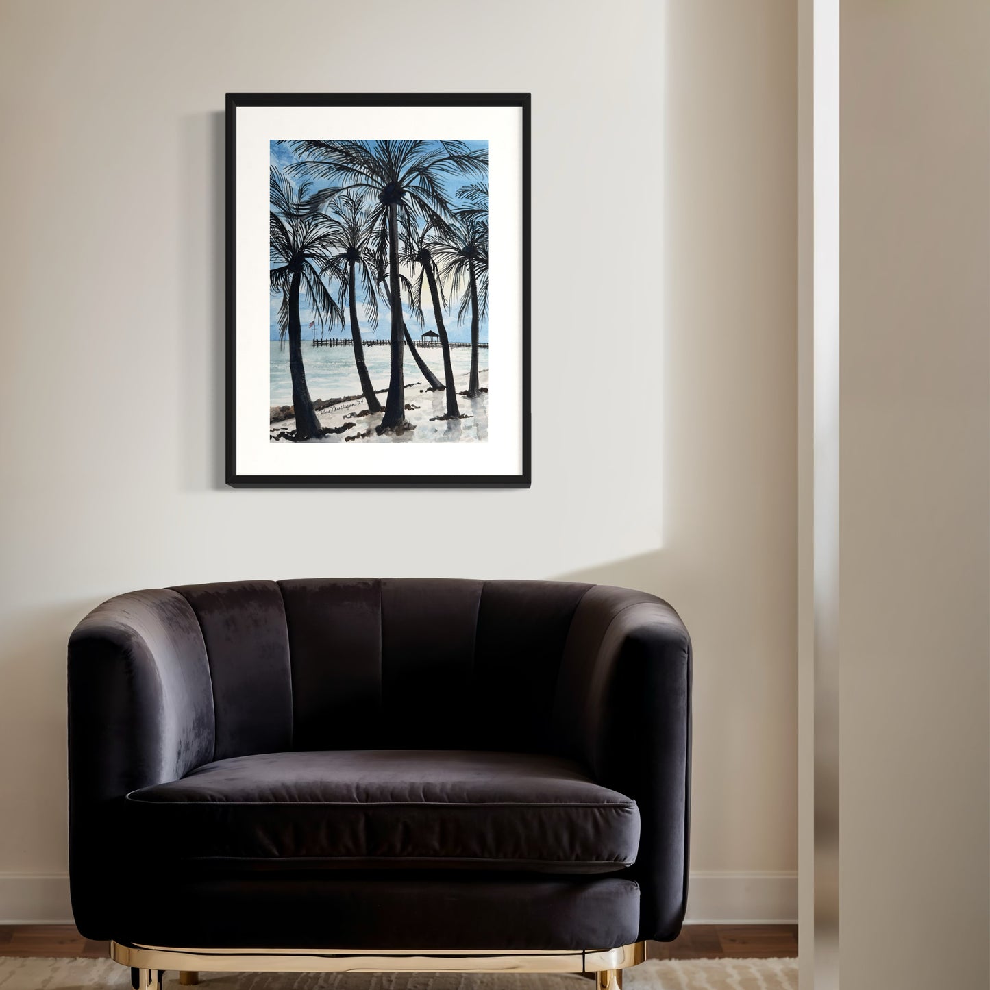 Key West Beach with Palm Trees Original Watercolor Painting