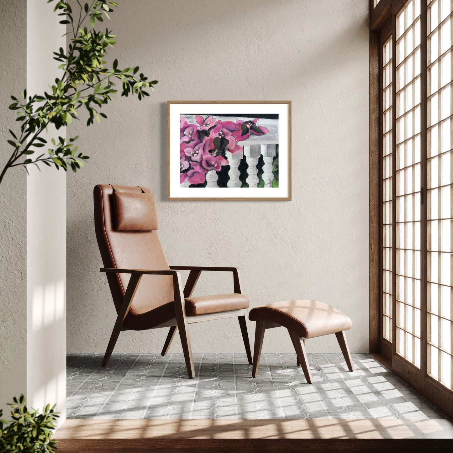 framed artwork of bougainvillea flowers on white railing