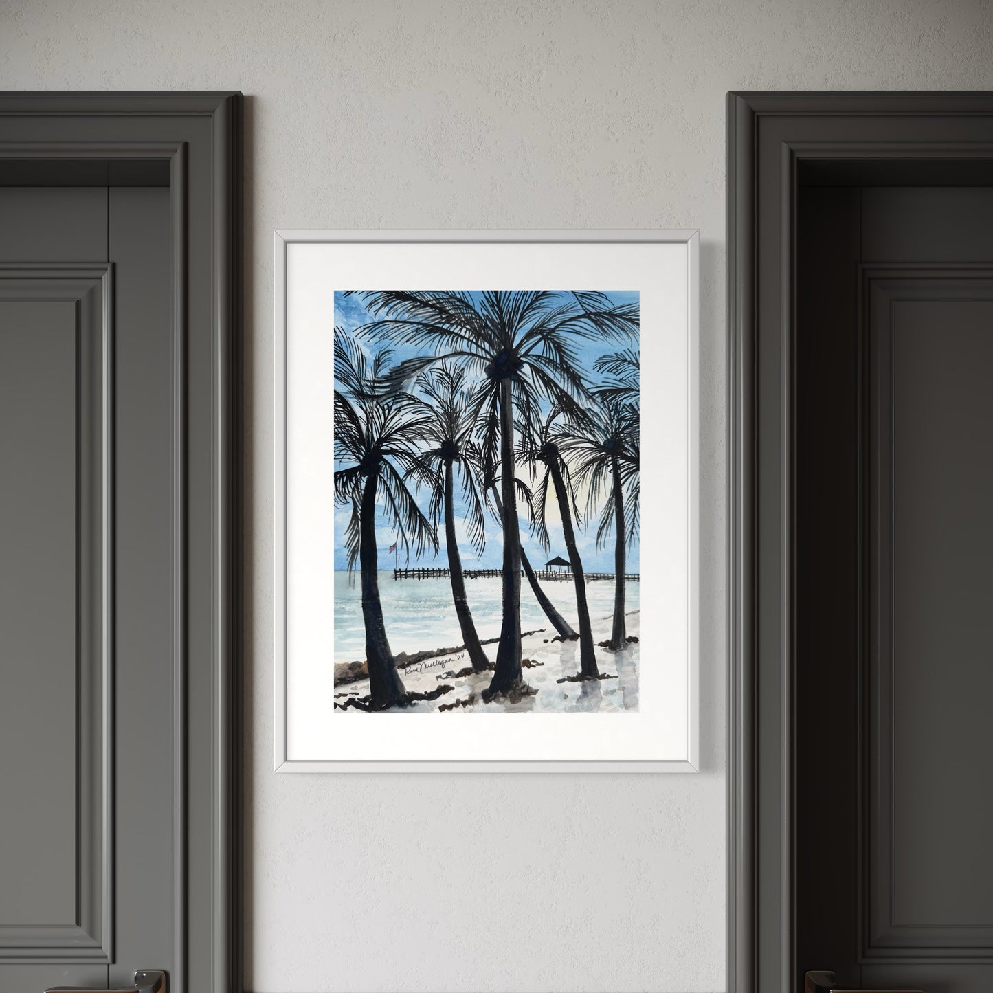 Key West Beach with Palm Trees Original Watercolor Painting