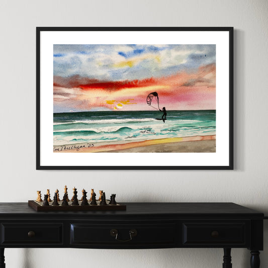 Print of Sunrise over the Ocean with a Kite Surfer