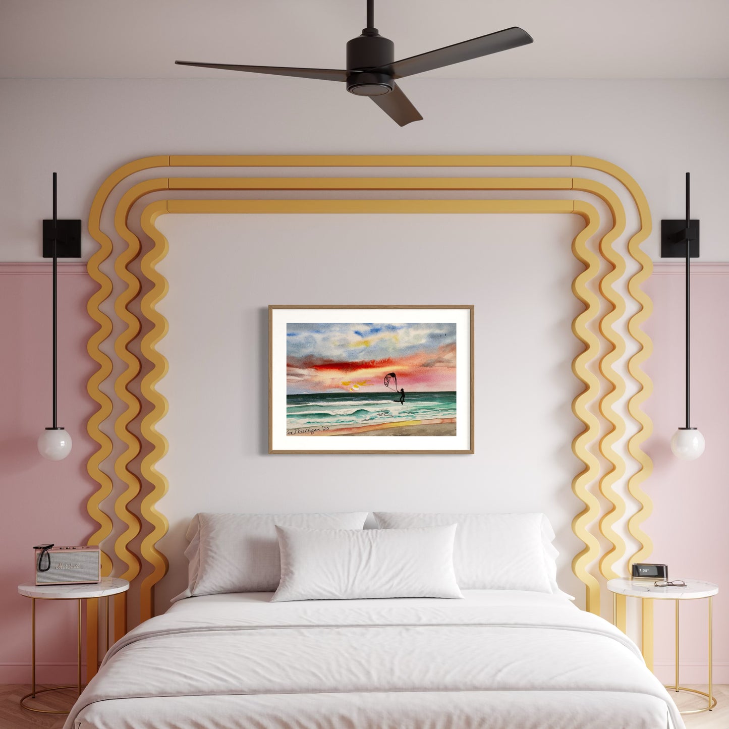 Print of Sunrise over the Ocean with a Kite Surfer